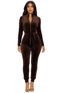 Chocolate Velvet Jumpsuit One Piece Pantsuit Mock Neck Zip Tie Waist Jogger Sz L